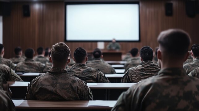 Soldiers attentively listen to a training session in a classroom setting during the early morning hours Generative AI