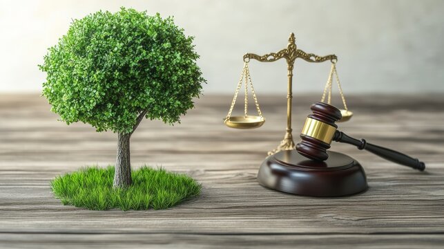 Balancing nature and justice with a symbolic tree and gavel representing environmental law Generative AI