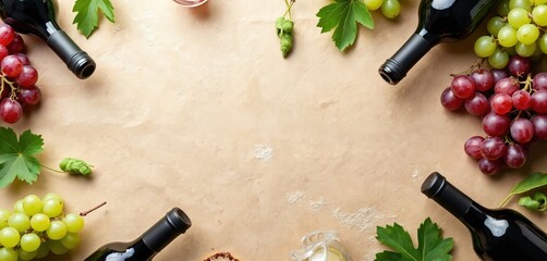 Naklejka premium Dark wine bottles sit with ripe red and green grapes and leaves on a textured beige surface. An overhead view suggests a rustic winery or harvest celebration setting.