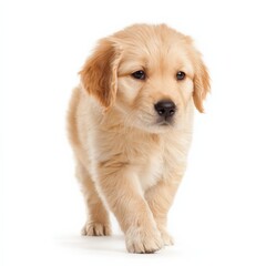 Golden retriever puppy walking on white background