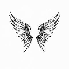 Obraz premium A pair of black outlined angel wings spread wide against a white background. These graphic wings symbolize freedom, inspiration, and spirituality. Good for tattoos or graphic design.