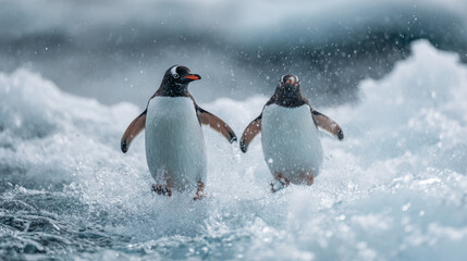 Fototapeta premium Pair of Gentoo penguins displaying territorial behavior on an iceberg in open sea