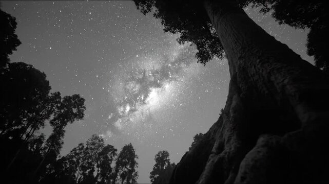 A towering tree against a night sky shimmering with stars, a forest surrounds in black and white