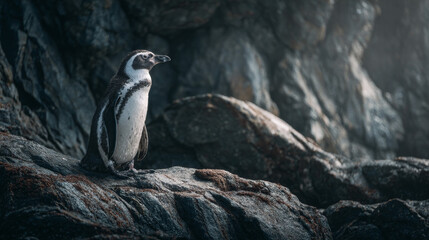 Penguin standing on rocky shoreline in a cold coastal environment
