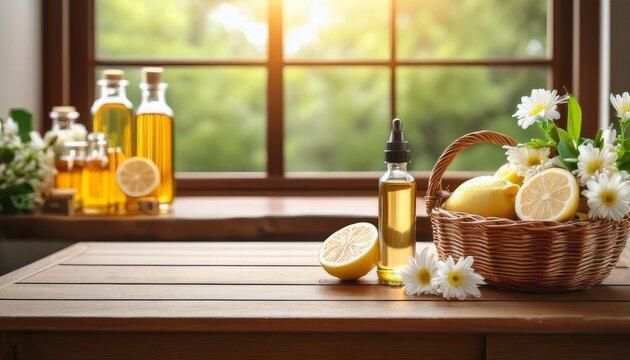 Rustic Setup With Wooden Table Basket Of Lemon Ginger Herbal Oil Bottles And Fresh Daisy Near A Window Empty Space For Product Placement Traditional Herbal Photography Style