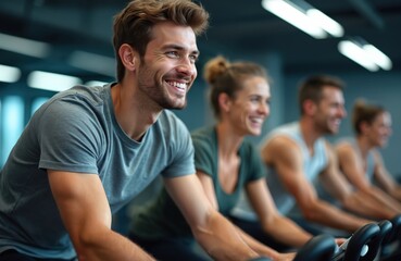 Group of people cycling indoors in a fitness class. Friends smile while riding stationary bikes. Diverse people enjoy cardio workout together in gym.