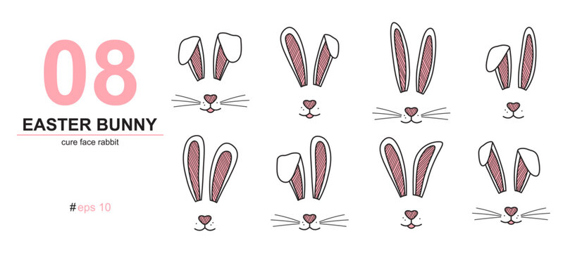 Easter bunny, cute rabbit doodle. Animal face, ears and whisker icon. Holiday spring hand drawn head hare, den set isolated on white background. Cartoon vector illustration