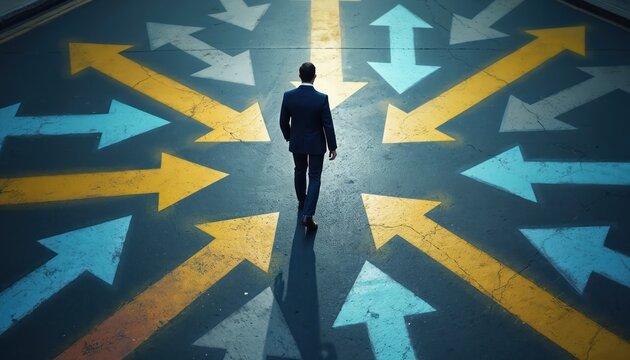 Man in suit walks at asphalt intersection marked with many arrows pointing in different directions. Businessman faces multiple paths, options, and choices for future journey.