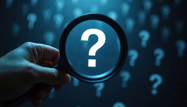 Hand holds magnifying glass over glowing question mark. Many fuzzy question marks appear on dark background. Concept of research mystery and finding solutions.