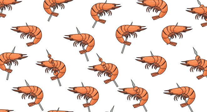 A repeating seamless pattern of single grilled shrimp on individual skewers is arranged on a clean white background.