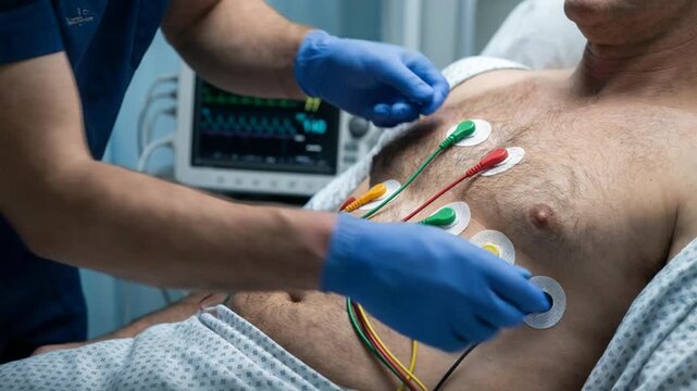 A man is laying on a hospital bed with a doctor touching his chest