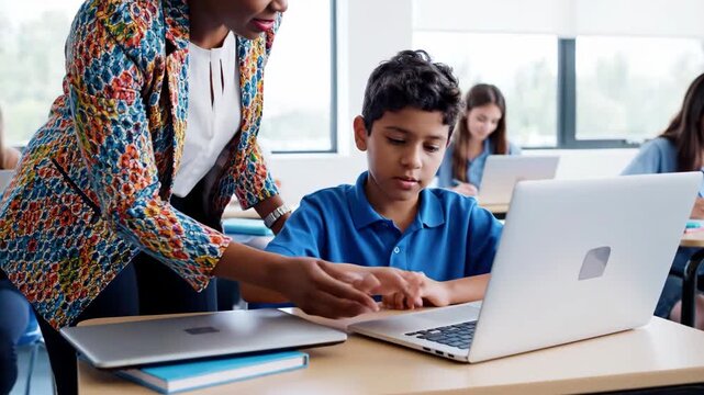 Teacher assisting student with laptop computer in modern classroom setting with other students working on their own devices.