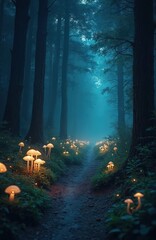 Obraz premium Dark forest path glows with bioluminescent mushrooms under starlit sky. Mysterious trail winds through tall trees and lush vegetation at night. Magical scene invites exploration into enchanting woods.