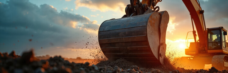 Yellow excavator bucket digs dirt and soil. Heavy machinery works on construction site at sunset. Earthmoving equipment for building new house foundation.