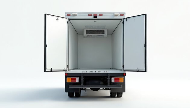 Rear view of empty white refrigerated truck with open double doors, showing clean interior compartment. Cooling unit mounted inside, ready for cargo. Modern commercial vehicle for cold chain