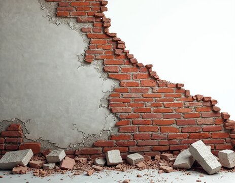 Damaged brick wall with peeling plaster shows rough texture. Broken bricks and debris trash the ground below. This architectural background suggests decay or construction progress.
