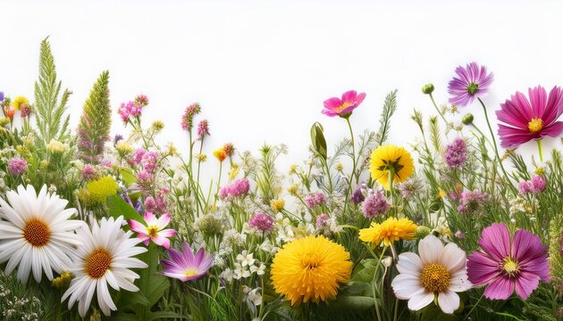 Lush Wildflower Meadow Border Isolated On White Background Eye Level Shot Vibrant Springtime Flora And Greenery