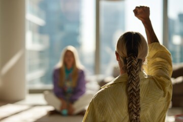 Obraz premium Caucasian females practicing meditation and yoga in sunlit urban apartment