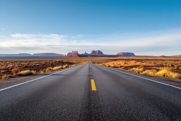 Open road stretching into vast desert landscape under clear blue sky