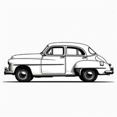 Obraz premium Minimalist white line art drawing of a vintage sedan. Classic automobile shown in profile. Retro vehicle outline is simple and clean. Old car design is elegant and timeless.
