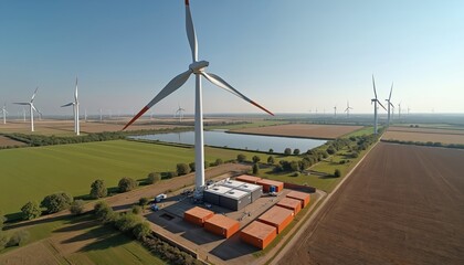Fototapeta premium Wind farm with energy storage units near calm water. Tall turbines generate clean power on sunny day over agricultural fields. Future tech landscape with modern industry.