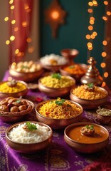 Obraz premium Indian festival food spread with curries rice and sweets served in copper bowls. Festive lights adorn table setting for holiday feast. Delicious cuisine presentation.