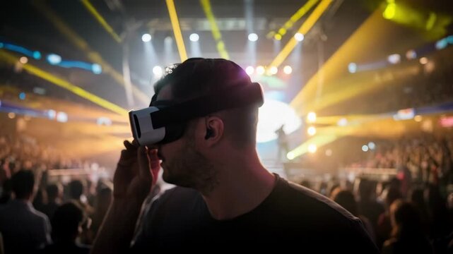 Closeup medium shot of a man in an arena VR zone sporting a VR headset surrounded by softly blurred fans watching an intense onstage concert experience.