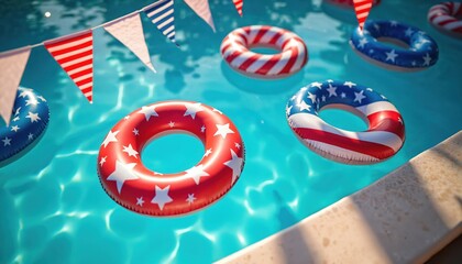 Fototapeta premium Red white blue patriotic inflatable rings float in clear pool water. Festive triangle flags adorn summer party scene. Enjoy poolside vacation fun celebrating holiday.