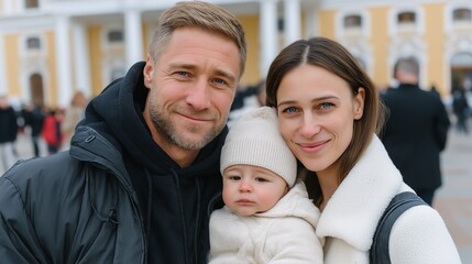Obraz premium Happy family with baby exploring city square, parents smiling outdoors in warm winter clothes