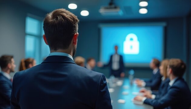 Corporate team attends cybersecurity awareness training session in modern office. Speaker presents data protection and digital security concepts on screen. Employees learn about safety.