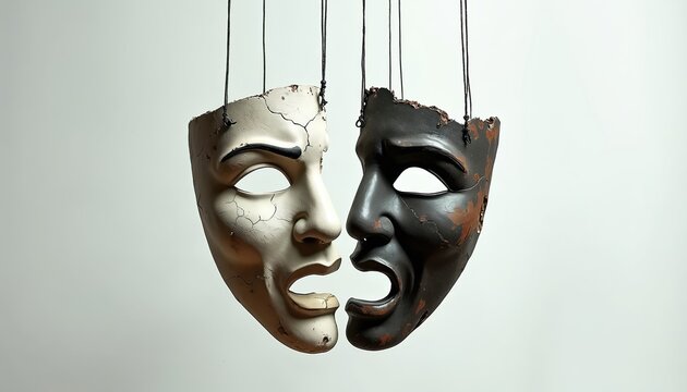 Two cracked drama masks, tragedy and comedy, hang by strings. One mask is white and faded, the other is dark and worn. Faces show open mouths in a scream or shout.