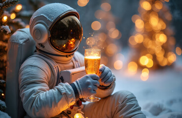 Fototapeta premium Astronaut in snow holds champagne glass amidst Christmas lights. Cozy winter scene with warm bokeh, festive mood, and space traveler celebrating.