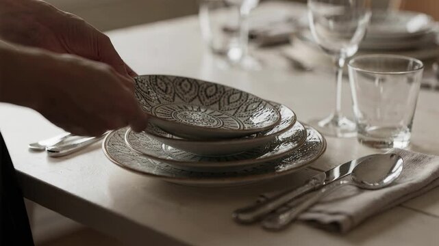 Intimate medium shot featuring casual place setting with patterned plates and polished silverware focused glassware and napkins fading into soft focus.