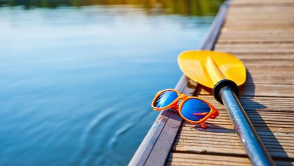 Fototapeta premium Paddle and sunglasses lying on a wooden dock by the calm lake water, ready for summer water sports activities
