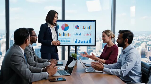 Business professional woman presenting financial data analysis to corporate team in modern office setting with cityscape view behind.