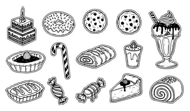Cute Doodle Ink Sweets and Pastries Vector Set Bakery Dessert Clipart Collection