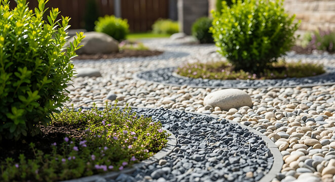 A beautifully landscaped garden with a winding stone path and green shrubs