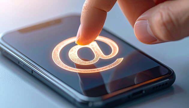 Close-up of a finger pressing a large at sign on a smartphone