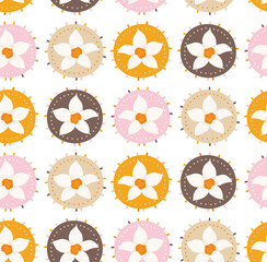 Modern floral seamless pattern. White daffodil flowers in decorative medallions. Elegant spring background for home decor, fashion textile, and stationery. Stylish flat vector illustration