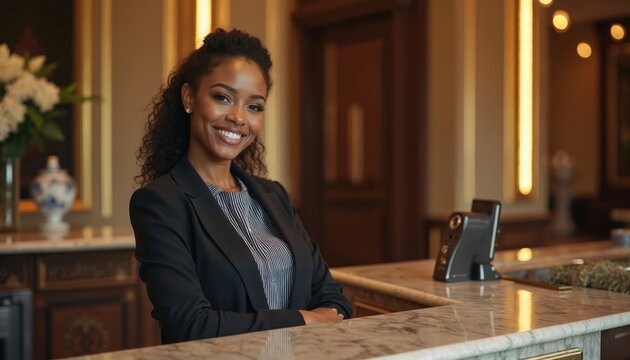 Smiling hotel receptionist in elegant black suit stands behind marble counter. Welcoming guest, offering assistance with pro friendly demeanor. Positive hospitality staff member.