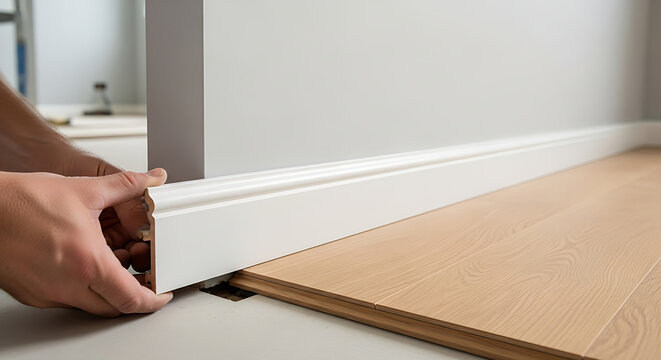 Person installing white baseboard molding on a wooden floor in a room