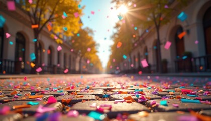 Fototapeta premium Confetti covers cobblestone street after parade or celebration. Colorful paper bits float down from above under bright sunlit sky. Buildings line the urban road.