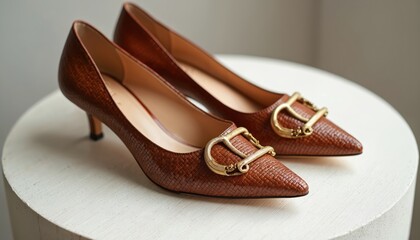 Fototapeta premium Elegant brown woven leather heels with gold buckles. Pointed toe fashion shoes displayed on white circle surface. Stylish footwear for chic outfits.