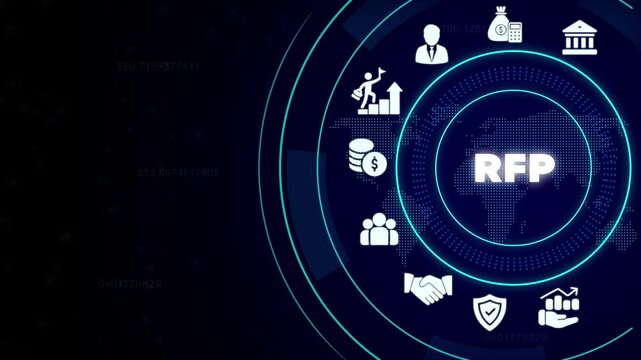 Request for Proposal R F P Business Concept with Financial and Symbols on Dark Blue Background financial symbols