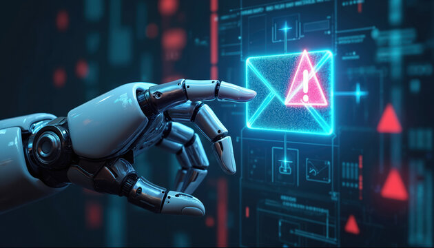 Robot hand interacts with digital interface showing email alert. AI monitors for threats, blocking phishing and harmful messages. Protects digital communication safety.