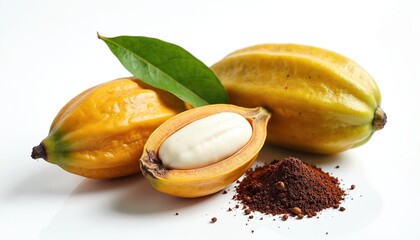 Yellow cocoa pods with white pulp and cacao powder on white surface. Shows raw cacao bean and green leaf. Healthy tropical fruit ingredient.