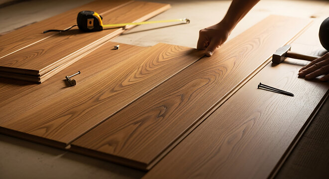 Person installing wooden flooring with tools on a table indoors