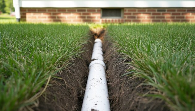 White PVC pipe installed in a trench through a green lawn leading toward a brick house foundation.