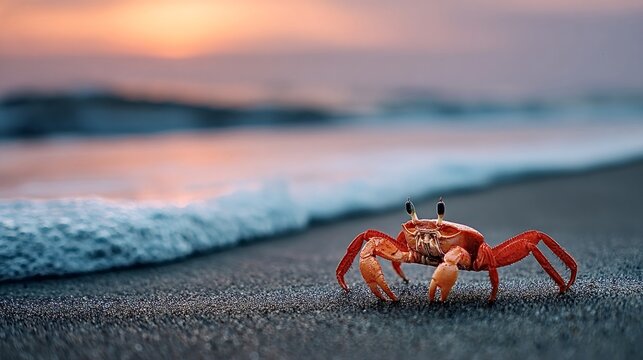 Orange crab is exploring the dark sand beach while a wave is approaching, with a beautiful colorful sunset creating a serene and warm atmosphere in the ocean background