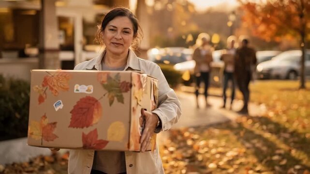 A community worker carrying a harvest season meal box adorned with autumn leaves foreground crisp and faces of recipients softly blurred.